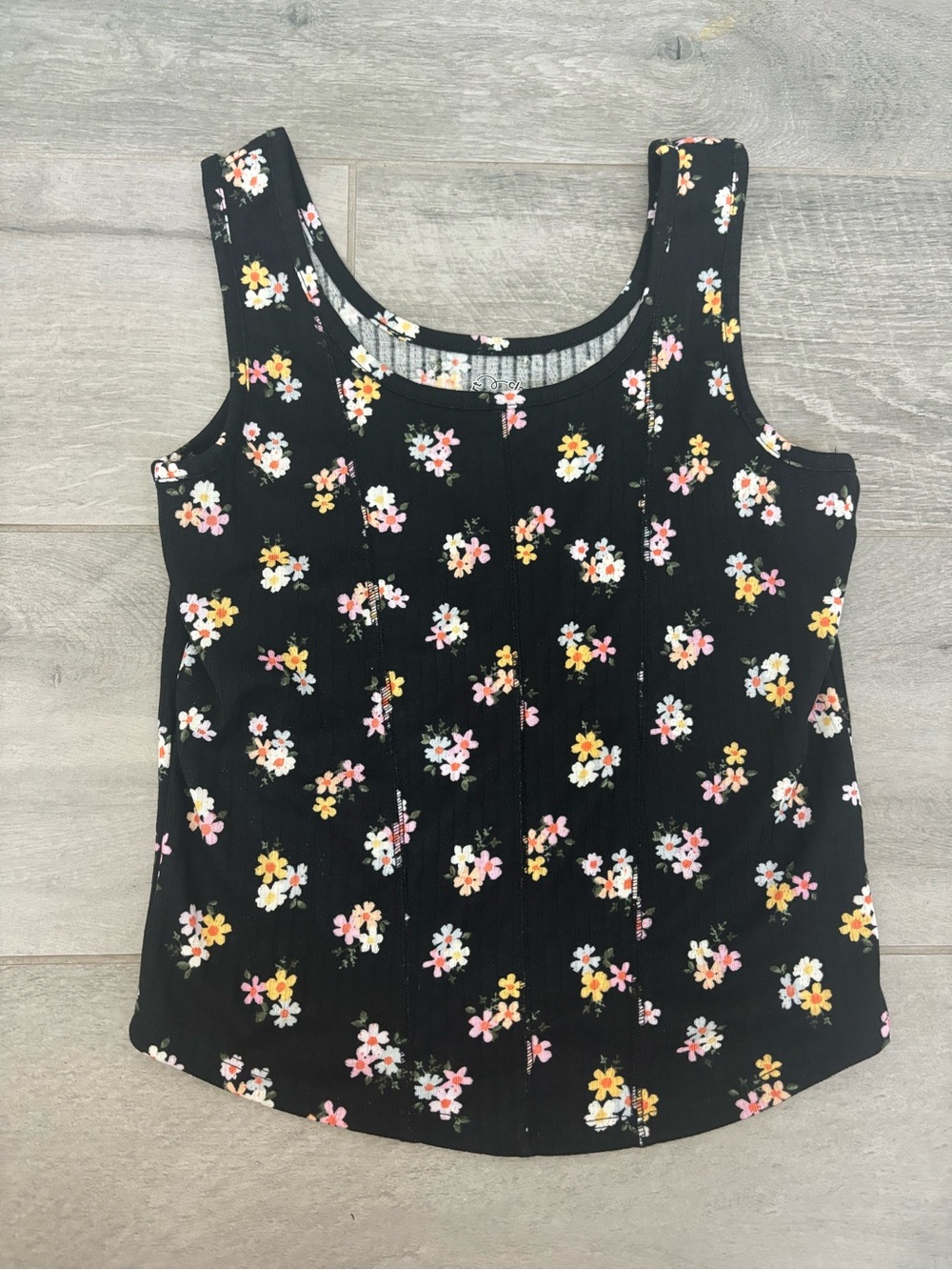 art class Black Floral Ribbed Tank with Pink and Yellow Flowers